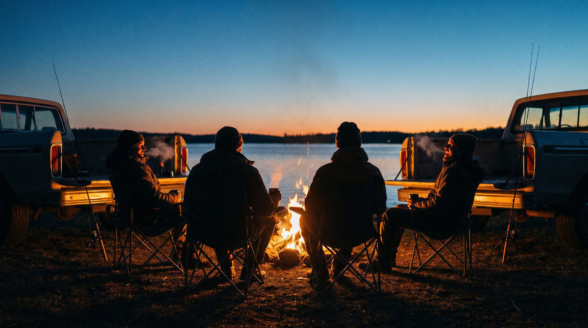 Men around a fire by a lake at dusk