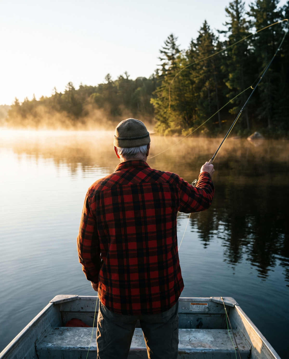 A man fishing from a boat at sunrise
