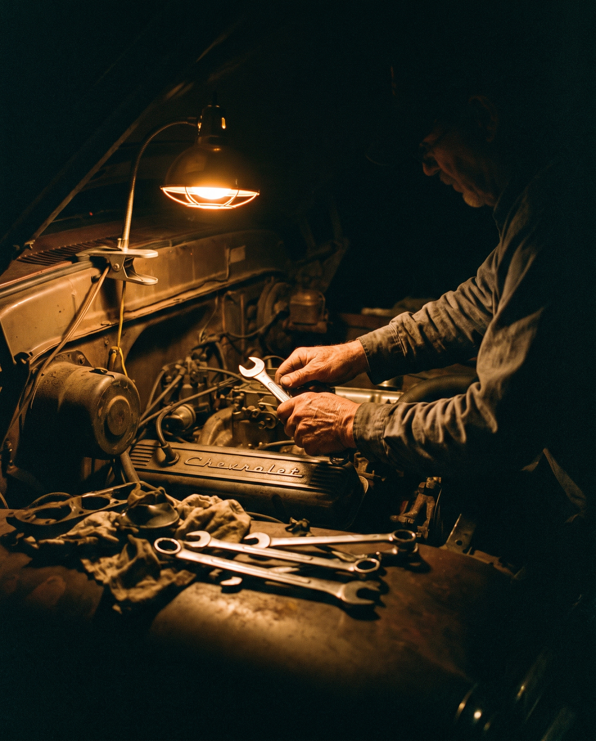 A man working on an engine in his garage