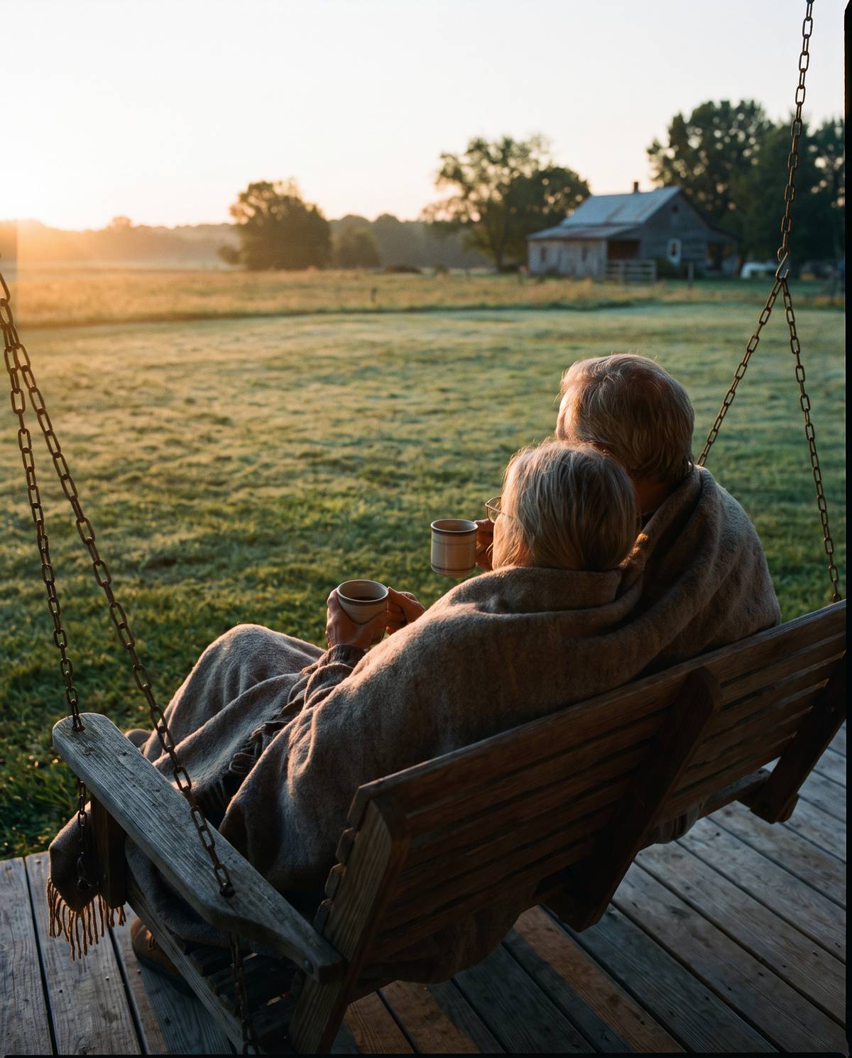 A couple on a porch swing at dawn