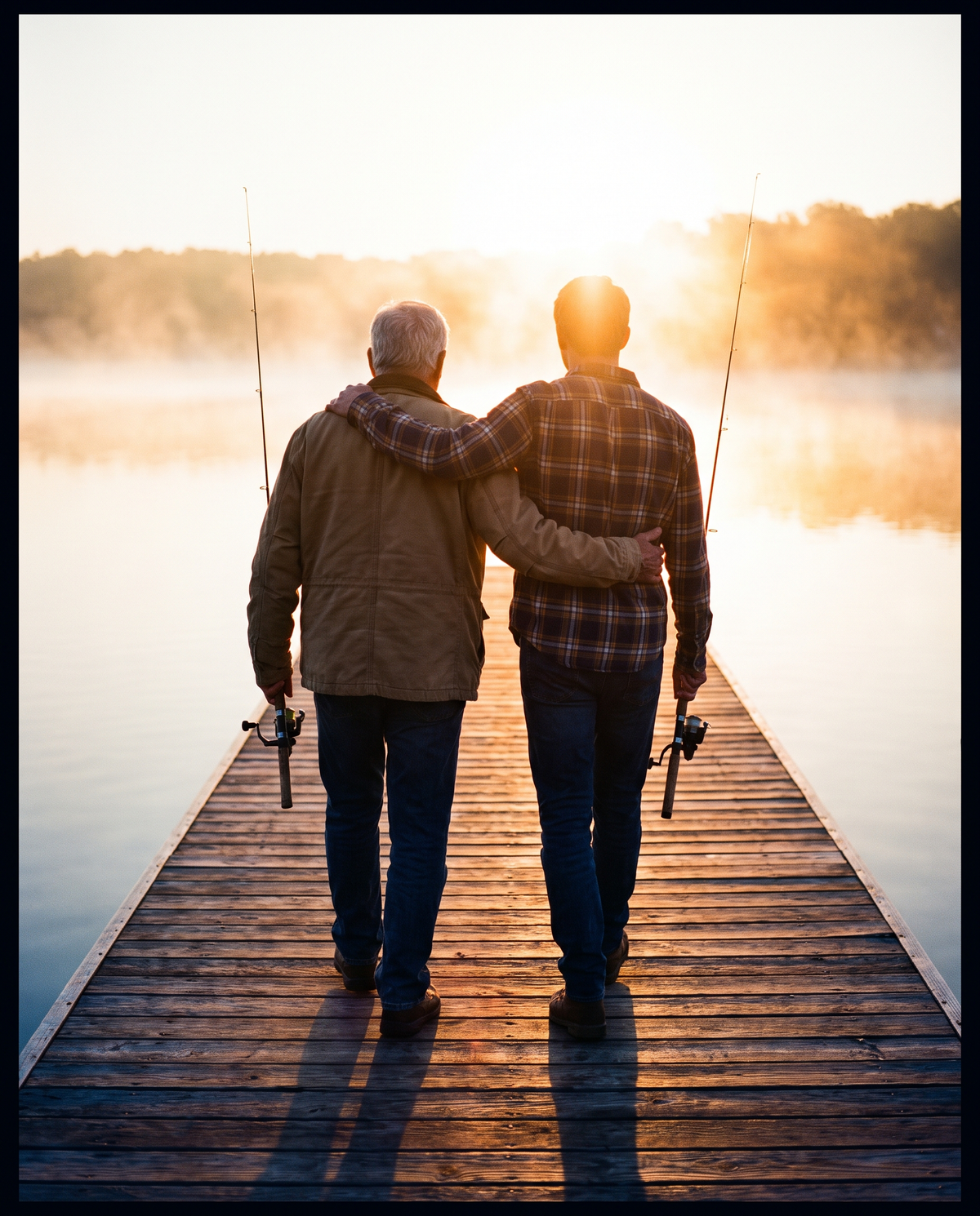 A father and his grown son walking down a dock at sunrise