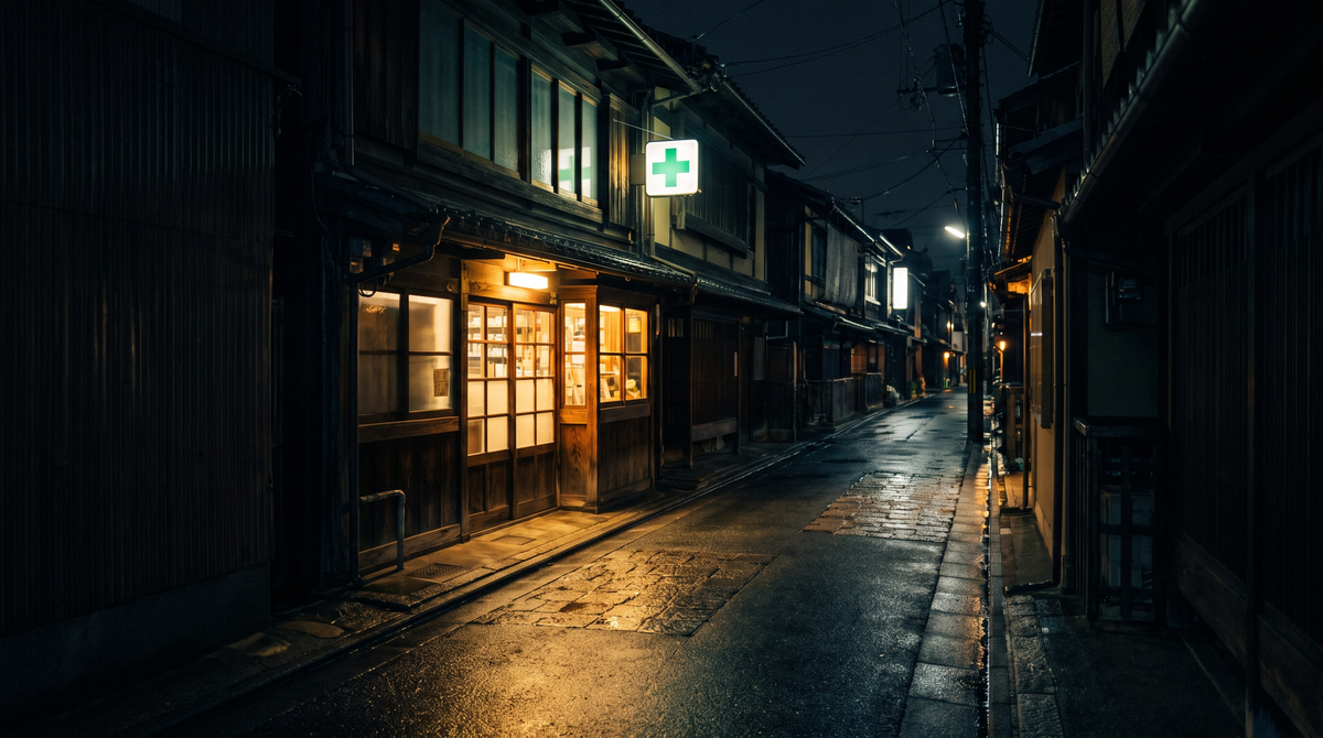 A neighborhood pharmacy on a quiet street in Japan at night