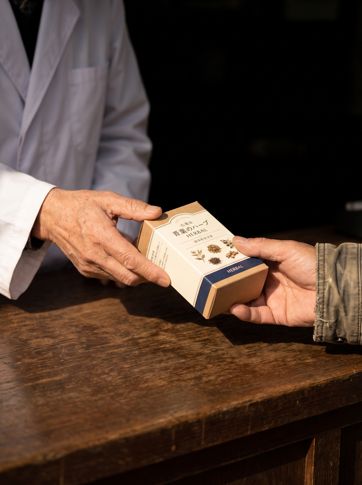 A pharmacist hands a box across the counter