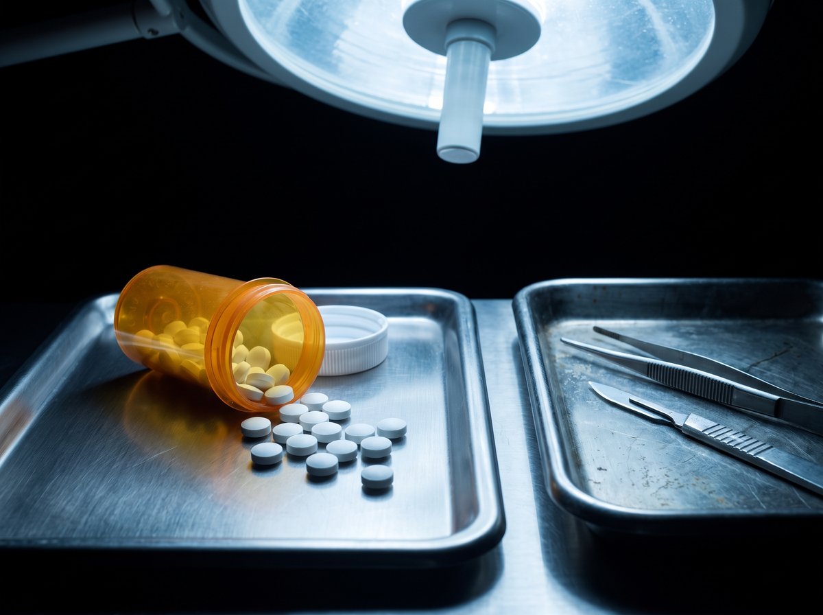 Prescription pills and surgical tools on a steel tray