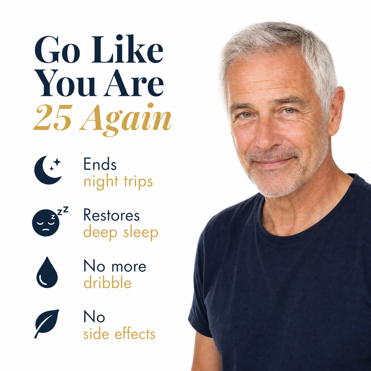 Man in his sixties smiling: fewer night trips, deep sleep, no side effects